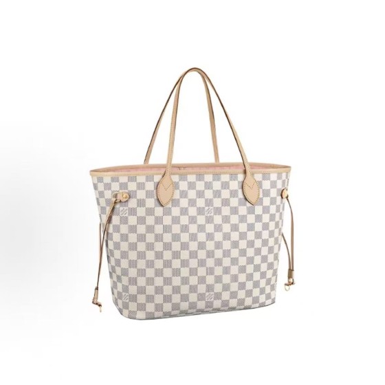 LOUIS VUITTON NEVERFULL MM checkered pink inner Tote bag,  shopping bag, mother bag, hand bag, shoulder bag, medium size, white
