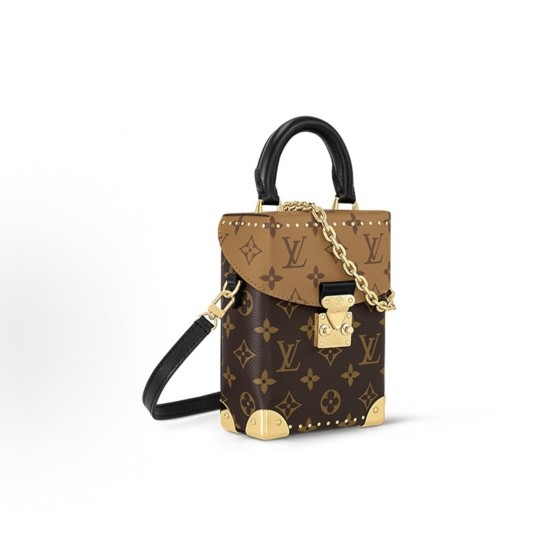 LOUIS VUITTON CAMERA BOX, monogram full-print lock opening chain box bag, mobile phone bag, hand bill, shoulder crossbody bag, brown