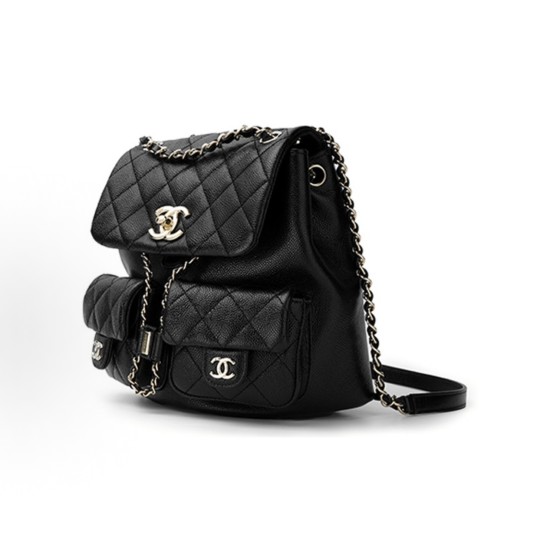 CHANEL Duma 23P gold buckle Double C Logo diamond-shaped leather chain-linked lychee pattern calfskin backpack for women