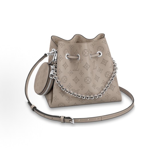 The LOUIS VUITTON Bella drawstring is adjustable and detachable. It features a detachable shoulder strap, a bucket bag, a shoulder bag, and a crossbody bag in gray