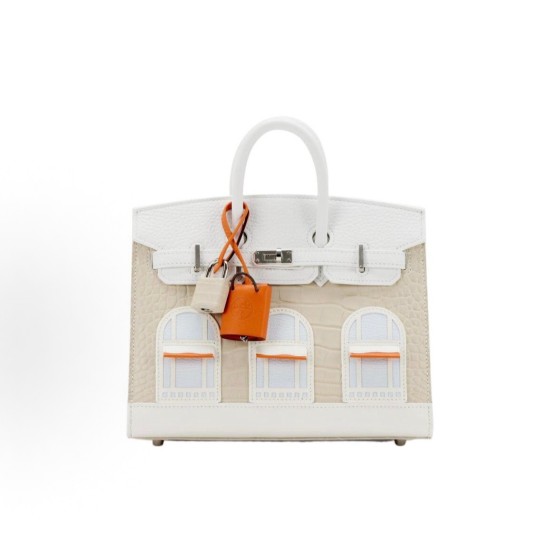 HERMES Birkin 20 silver clasp, snow-white house bag, platinum bag for women, cement grey, white and haze blue